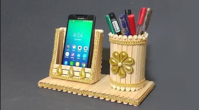 Decorated Popsicle Sticks Mobile And Pen Holder Craft Idea Homemade Mobile Phone Holder Crafts With Popsicle Stick Crafts