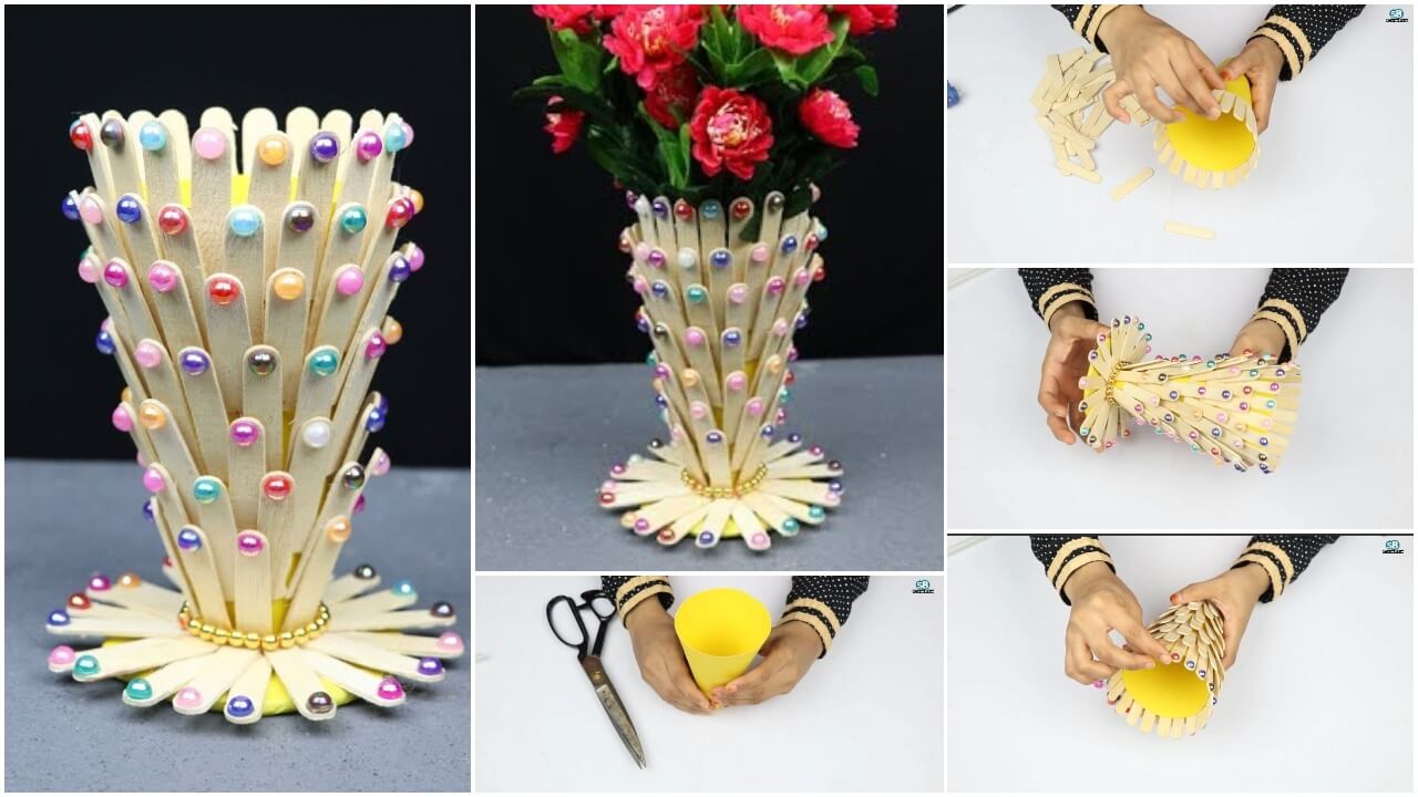 DIY Easy To Make Flower Vase Craft With Popsicle Stick & Pearl- Step-By-Step Tutorial Easy Popsicle Stick Crafts Step By Step Tutorial