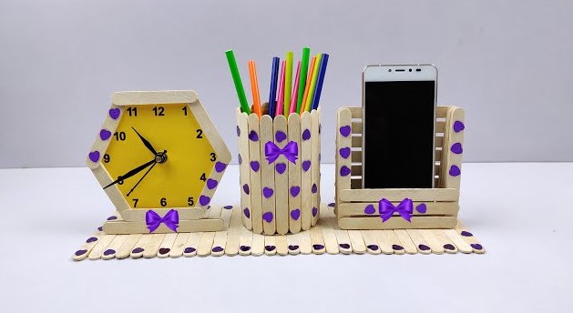 DIY Popsicle Sticks Pen, Mobile And Clock Holder Craft Homemade Mobile Phone Holder Crafts With Popsicle Stick Crafts