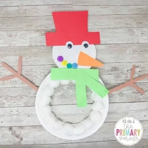 DIY Snowman Paper Plate Craft Activity Using Cotton Balls & Buttons For Kids