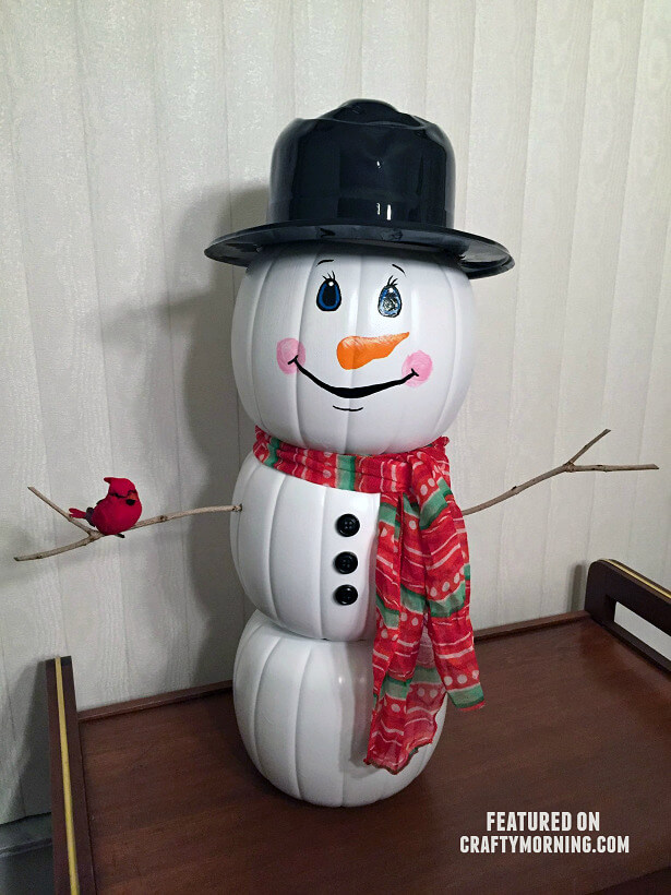 DIY Snowman Decoration Craft Idea Using Plastic Pumpkin