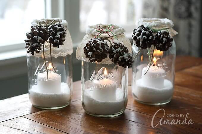 DIY Snowy Candle Jars Made From Pinecones