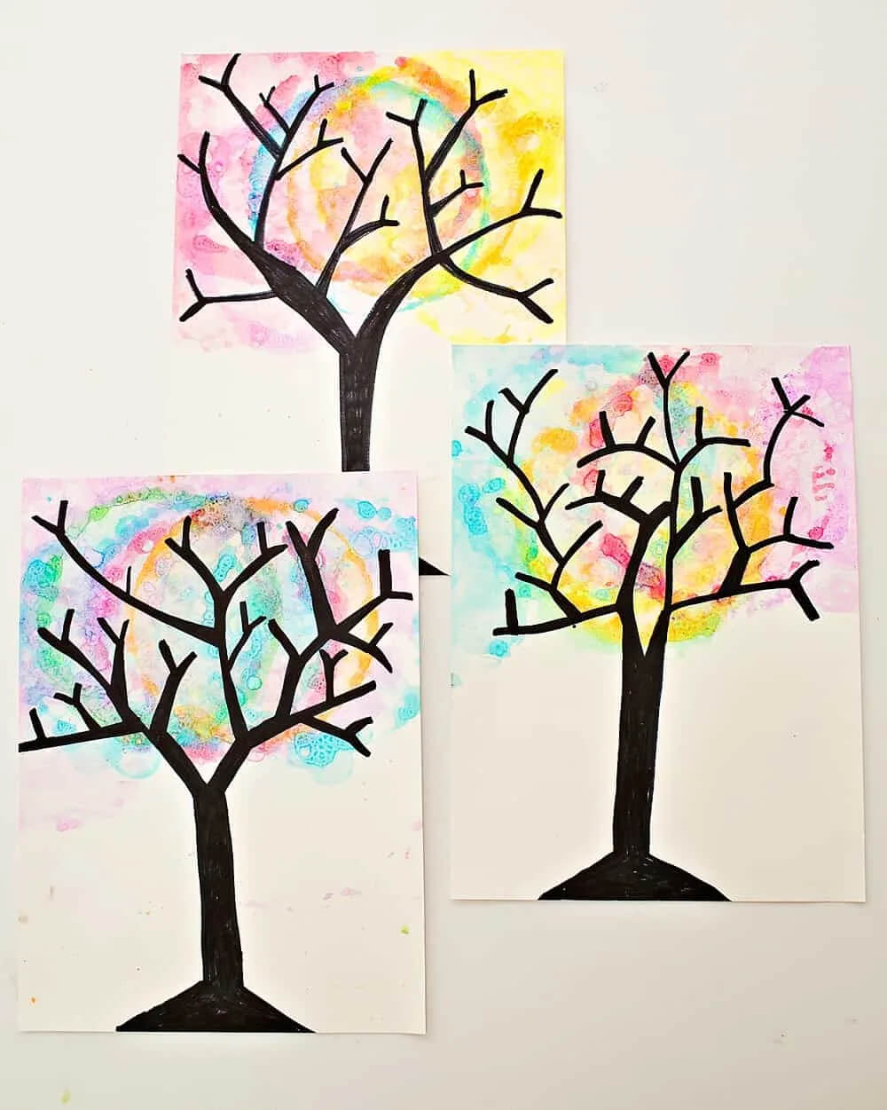 Easy & Simple Watercolor Bubble Art Trees Making Idea For Kids Simple Watercolor Art Projects for School Kids