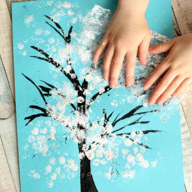 Easy-Peasy Winter Tree Drawing Idea Using Bubble Wrap Winter Crafts and Activities for Preschool 