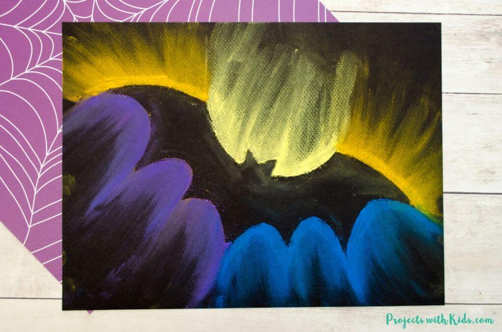 Easy Spooky Bat Chalk Pastel Art Project On Black Paper
