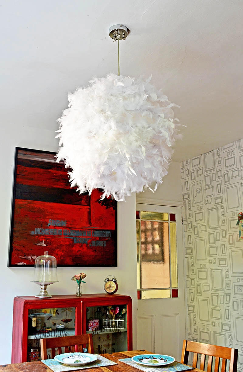 Easy-To-Make Lampshade Craft Idea Using White Feathers