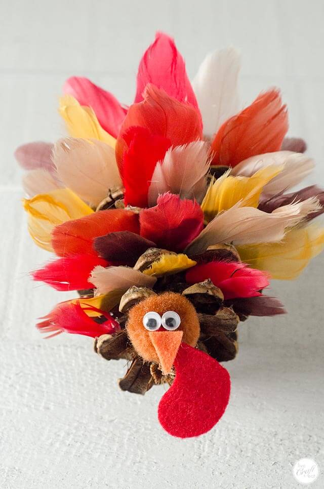 Easy-To-Make Pinecone Turkey Craft With Silk Feathers