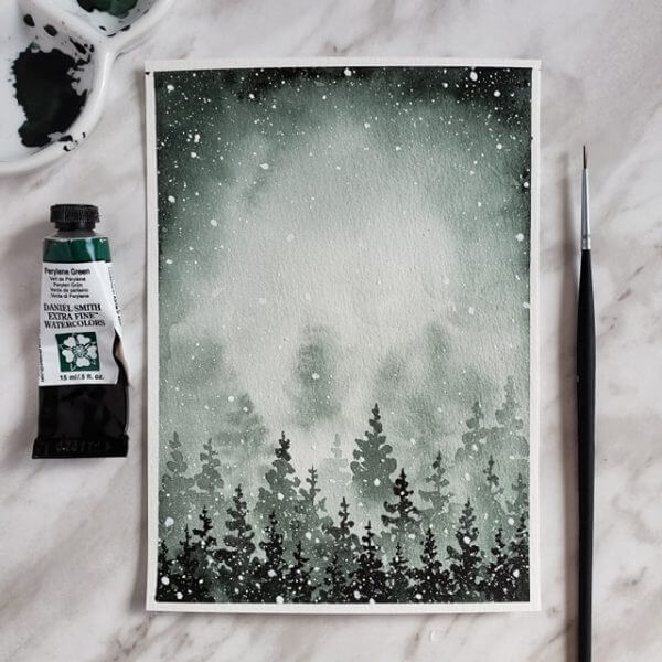 Elegant Snowy Winter Night Drawing Idea Watercolor Paintings to Copy 