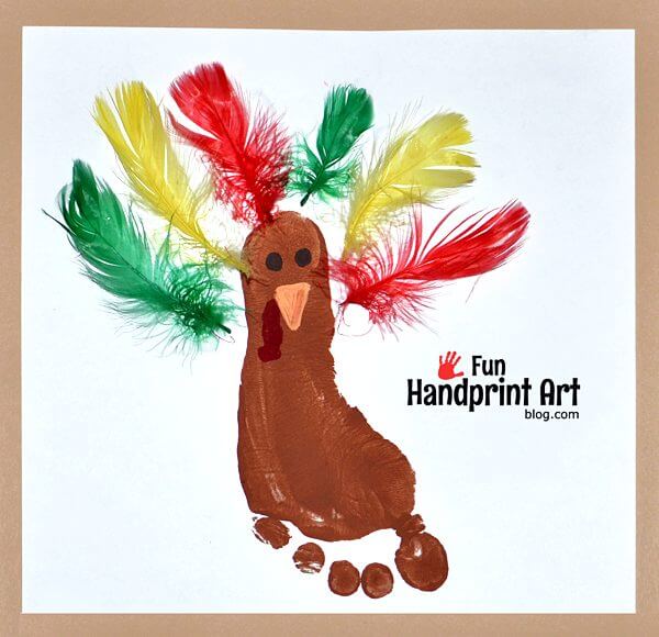 Fun To Make Simple Footprint Turkey Craft Idea Using Feathers Turkey feather craft ideas 