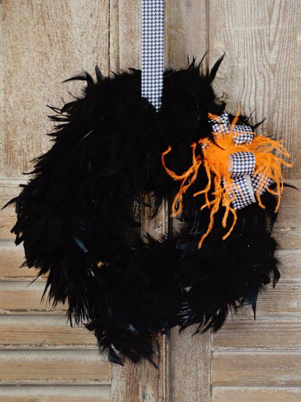 Halloween Feather Wreath Craft Using Ribbon & Bow