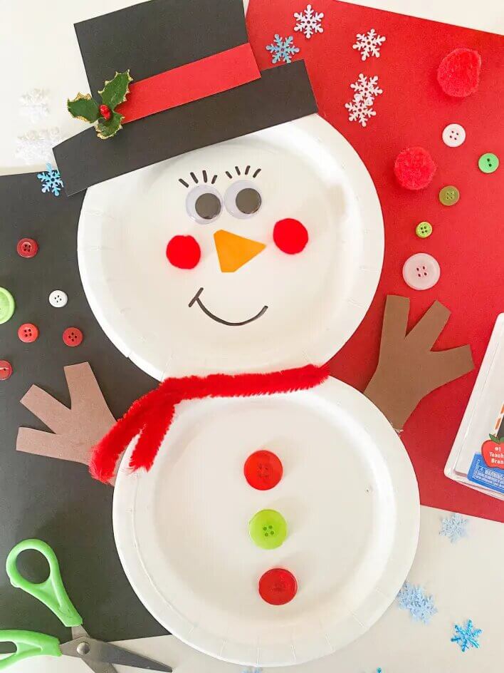 Handmade Snowman Winter Craft Made With Paper Plate & Buttons