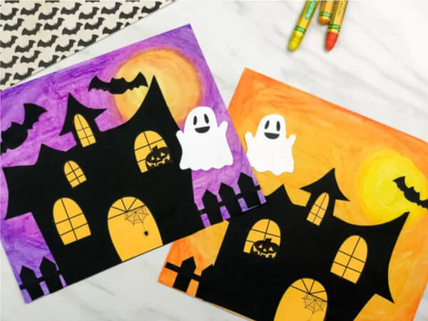 Haunted House Craft Made With Oil Pastel For KidsOil pastel art ideas for Preschool And Kindergarten