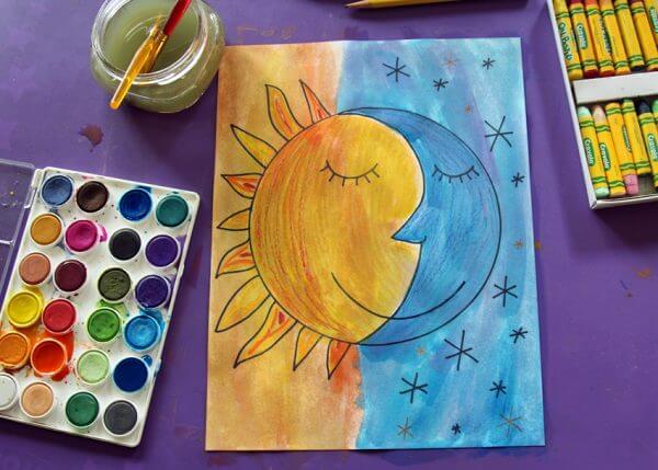 Joyful Sun & Moon Art Idea For Kids Using Watercolor