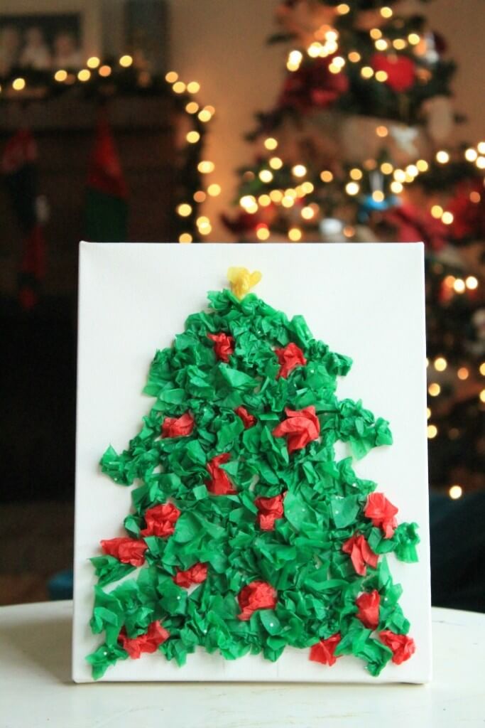 Kid-Friendly Tissue Paper Christmas Tree Craft on White Canvas