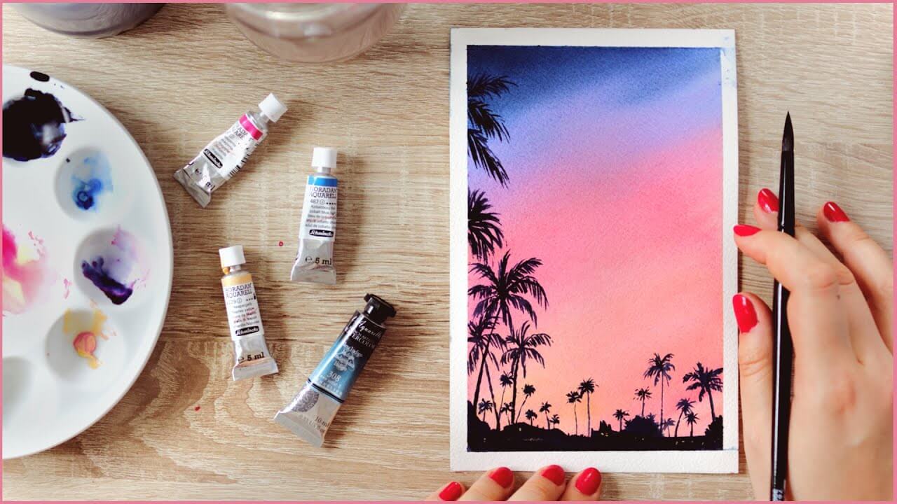 Make A Adorable Sunset & Palm Tress Painting Using Watercolors Simple Watercolor Painting Ideas for Beginners 