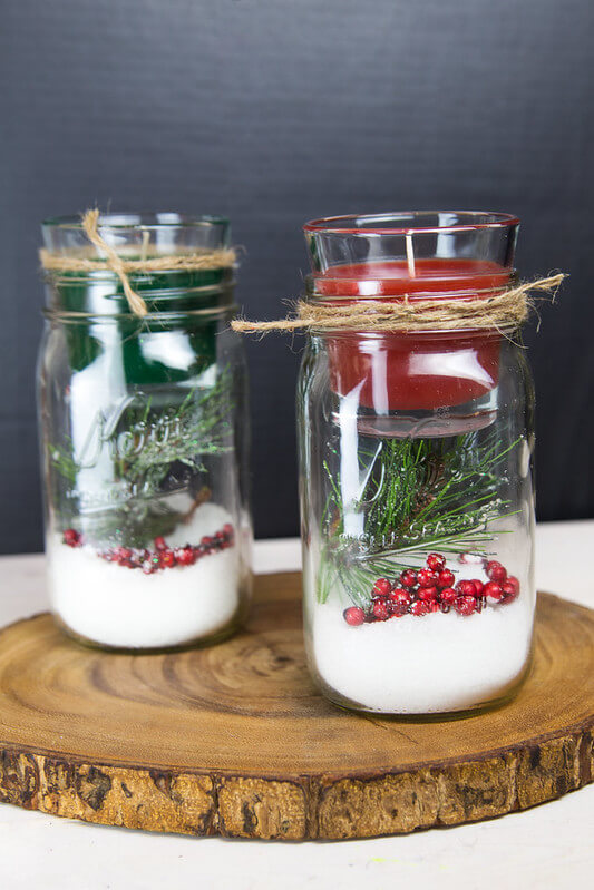 Mason Jar Candle Holder Using Pine Sprigs & Foam Cranberries