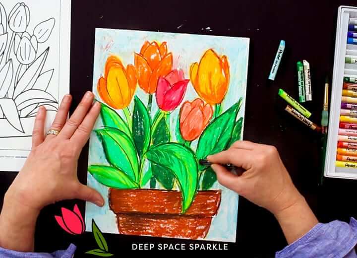 Pretty Spring Tulips In A Vase Oil Pastel Painting Oil pastel art ideas for Preschool And Kindergarten