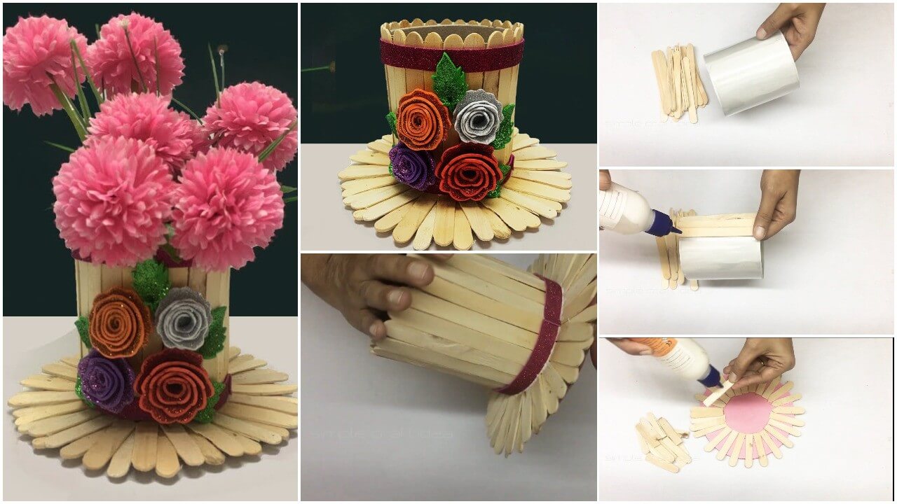 Recycled Bottle Flower Vase Craft Using Popsicle Stick