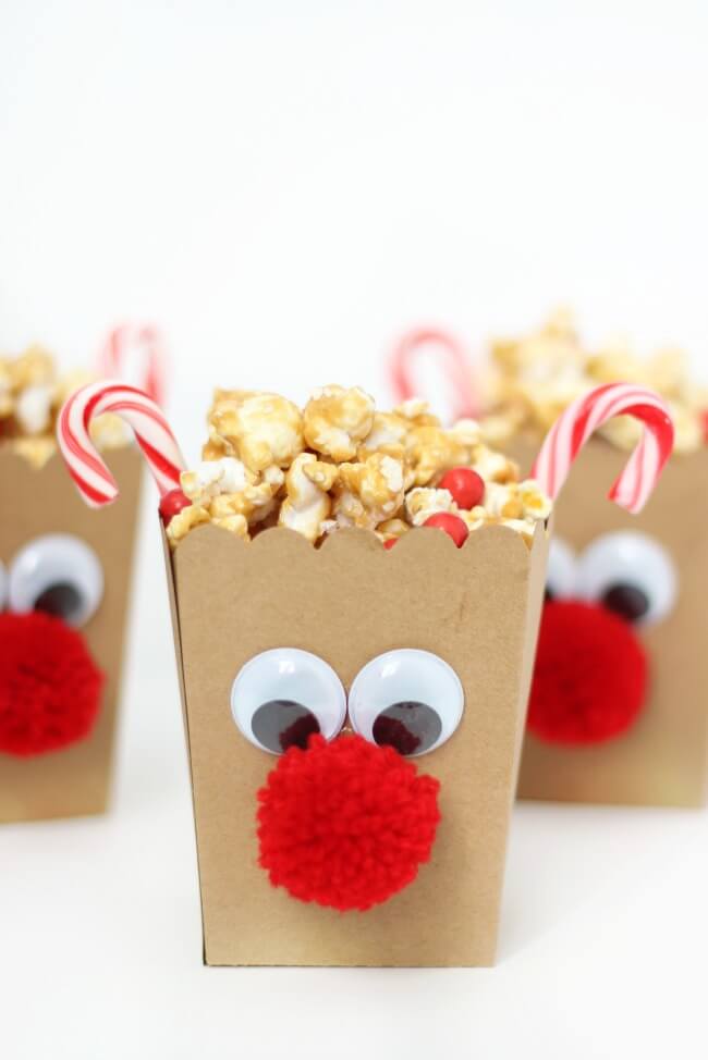 Red-Nosed Popcorn Box Craft Using Pom Poms & Candy Cane