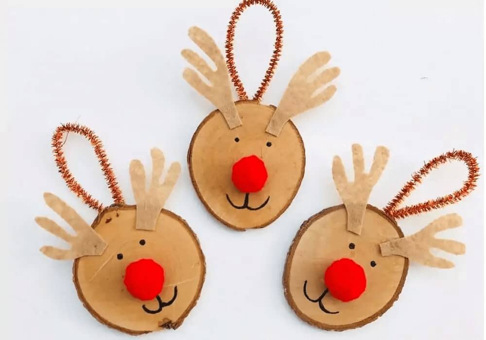 Reindeer Ornament Craft With Wood Blocks & Pom Poms Wood Christmas Crafts 