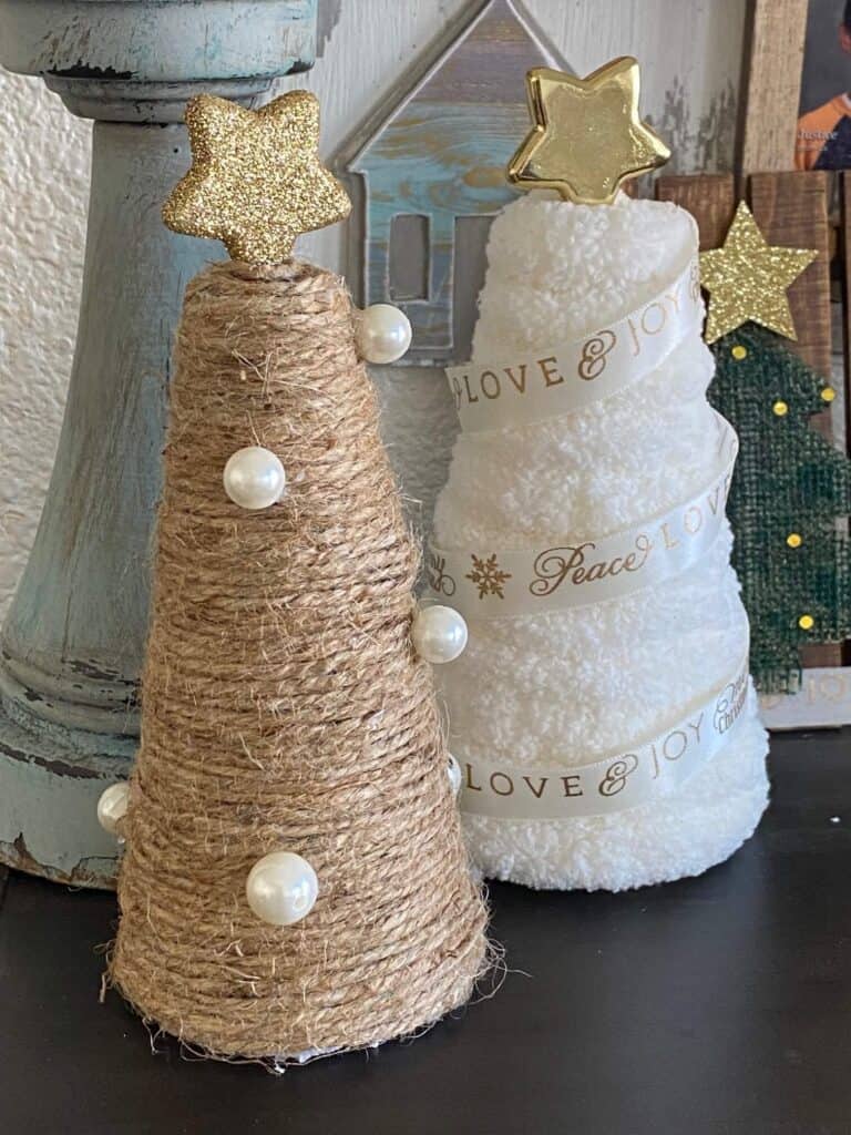 Rustic Foam Cone Christmas Trees with Twine and Yarn DIY Christmas Yarn Tree Ideas