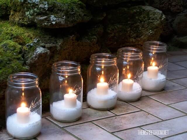 Simple Candles Party Decoration Idea Using Snow & Mason Jar Low Budget Party Decoration Ideas For Christmas