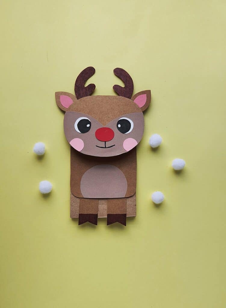 Simple Reindeer Puppet Craft With Pom Pom & Paper Bag