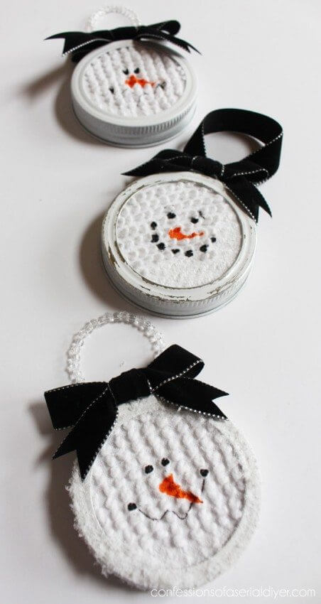 Simple Snowman Ornament Ideas Using Mason Jar Lid