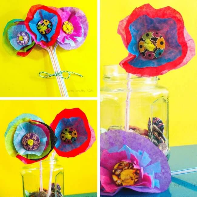 3D Flower Craft Made With Paper Straw, Buttons & Tissue Paper Flower Bouquet Button Craft Using Tissue Paper