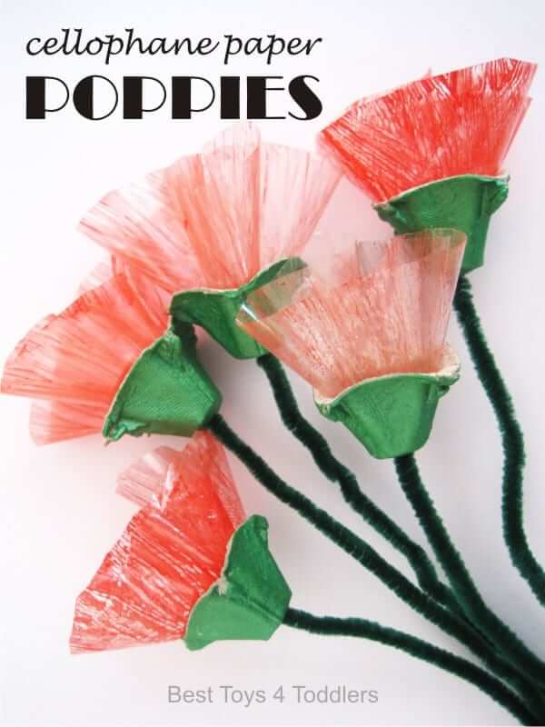 Adorable Poppies Flower Craft For Preschoolers With Egg Carton & Cellophane Paper Egg Carton Craft Ideas For Preschool