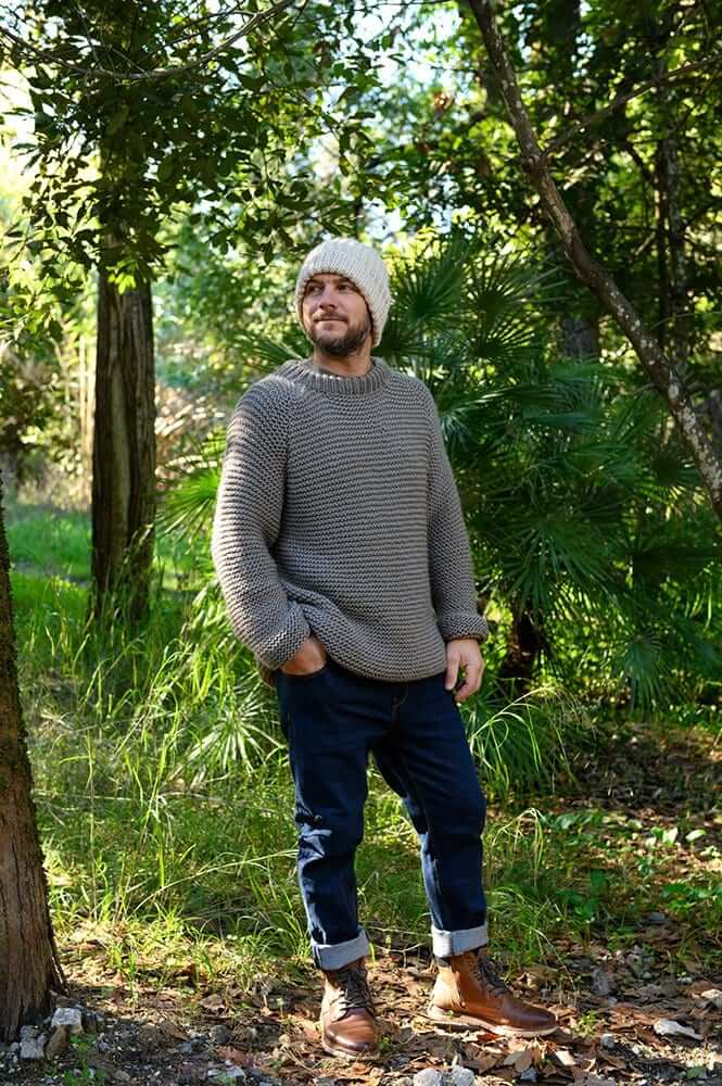 Men Grey Garter Stitch Pattern Pullover: Easy Sweater Knitting Patterns