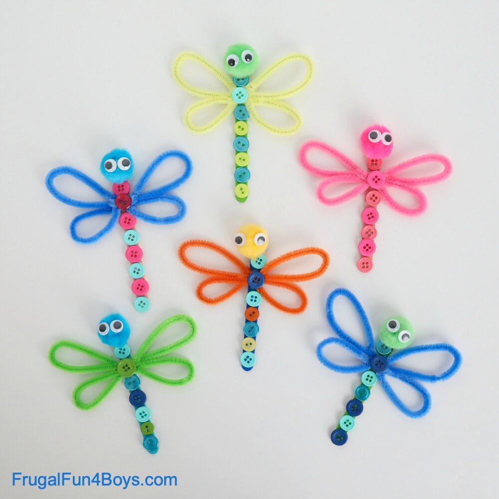 Adorable Dragonflies Made With Pom Pom, Pipe Cleaners, Popsicle Stick & Buttons Button Crafts For Preschoolers