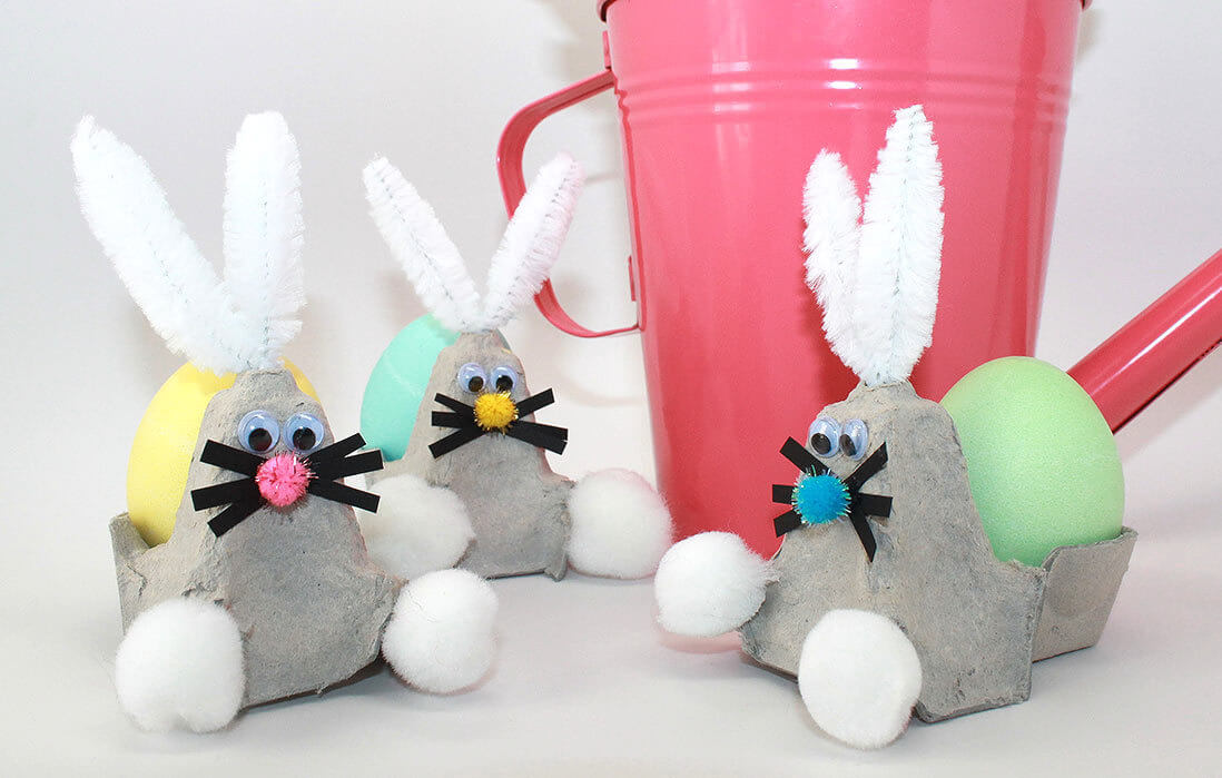Adorable Easter Bunny Craft Idea Using Egg Carton & Pom-Pom Balls