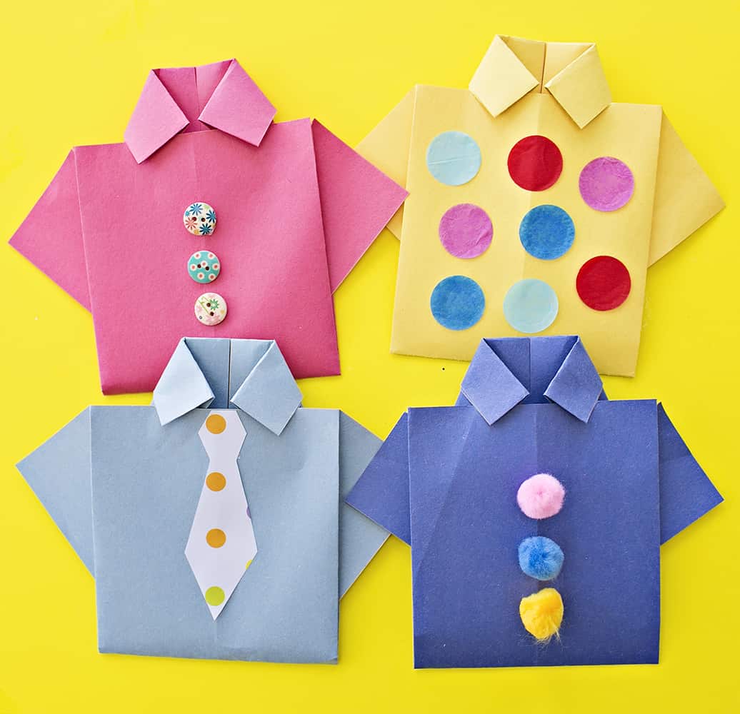 Adorable Origami Shirt Card Decorate With Buttons, Pompom & Construction Paper Father's Day Button Craft Idea For Kids