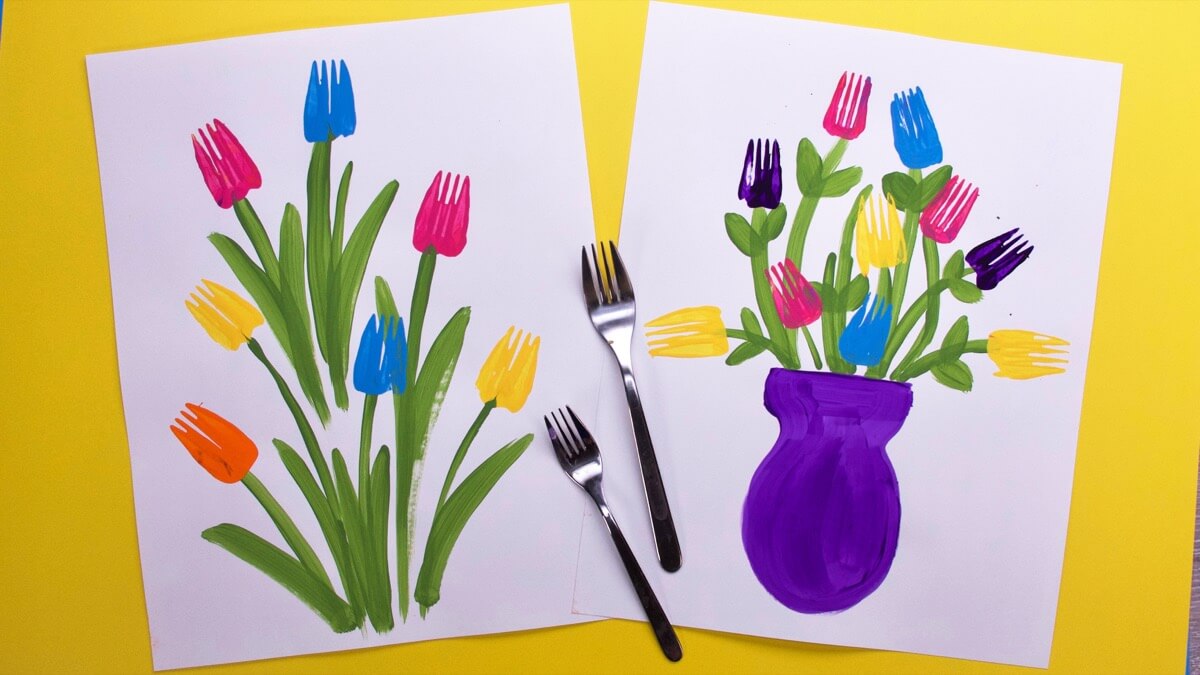 Amazing Fork Colorful Flower Painting Art Ideas For Kids & Toddlers Fork Flower Painting Art Ideas