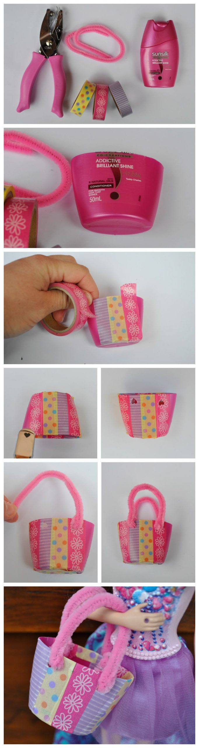 Barbie Tote Bag Craft Activity Using Shampoo Bottle, Pipe Cleaners & Washi Tape Barbie Day Crafts &amp; Activities for Kids