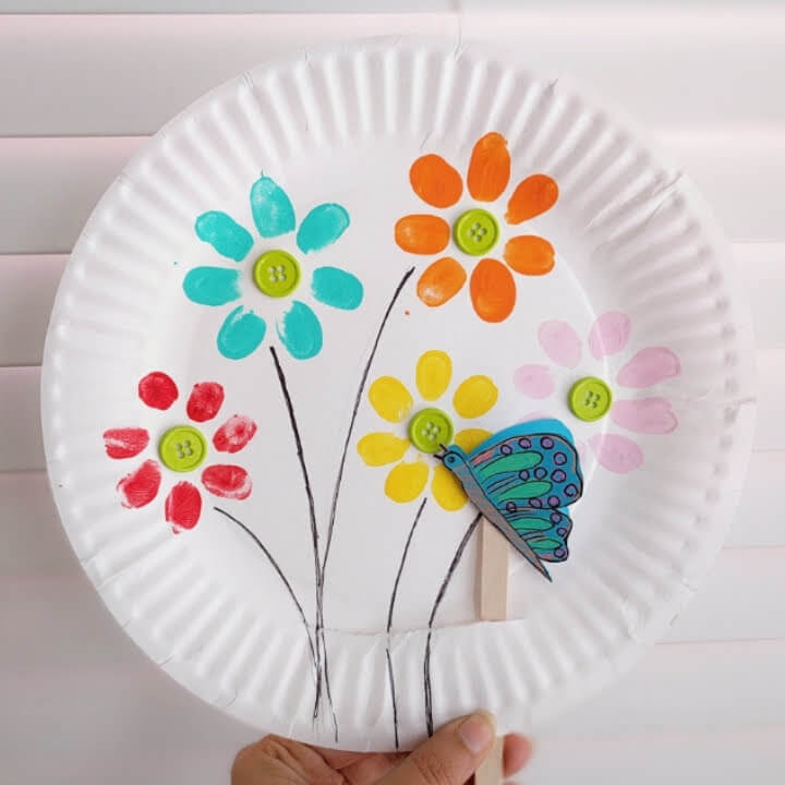 Beautiful Fingerprint Flower Spring Craft With Butterfly & Paper Plate