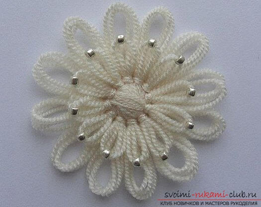 Beautiful White Woolen Thread Flower Craft With Silver Beads