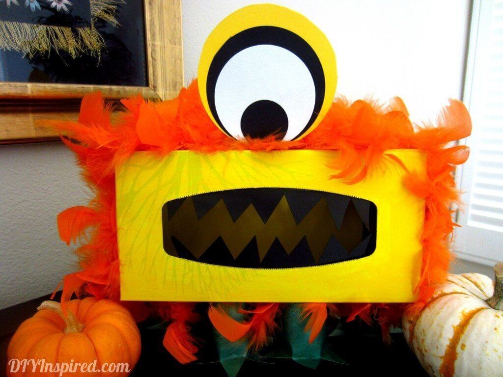 Big Eye And Feathers Tissue Box Monster Craft For ToddlersRecycled Tissue Box Monster Crafts