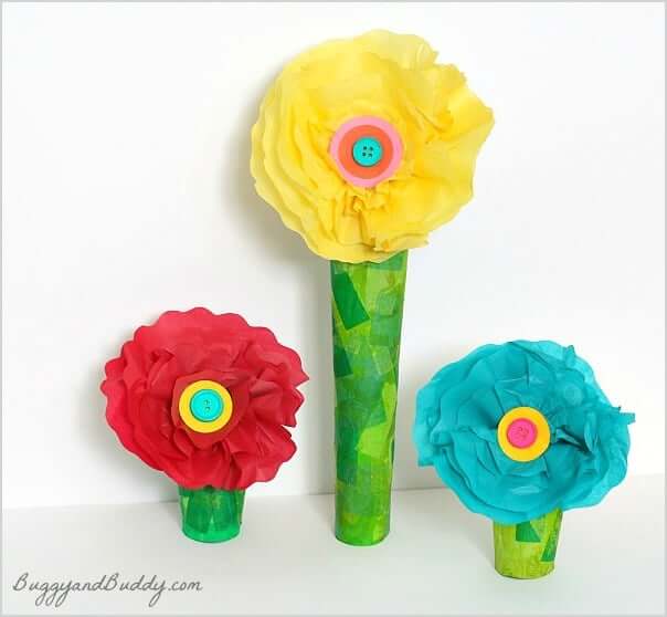 Cheerful Flower Craft For Kids Using Tissue Paper & Cardboard Tube Flower Bouquet Button Craft Using Tissue Paper