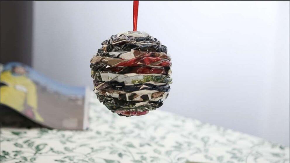 Christmas Tree Ornament Craft Idea Using Old Magazine & Styrofoam Ball Styrofoam Balls Crafts &amp; Ornaments for Christmas