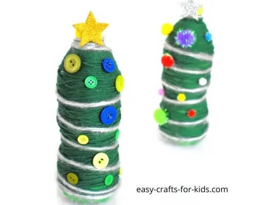 Christmas Tree Water Bottle Decoration Craft Using Yarn, Buttons & Glitter StarsRecycled Button Craft Ideas