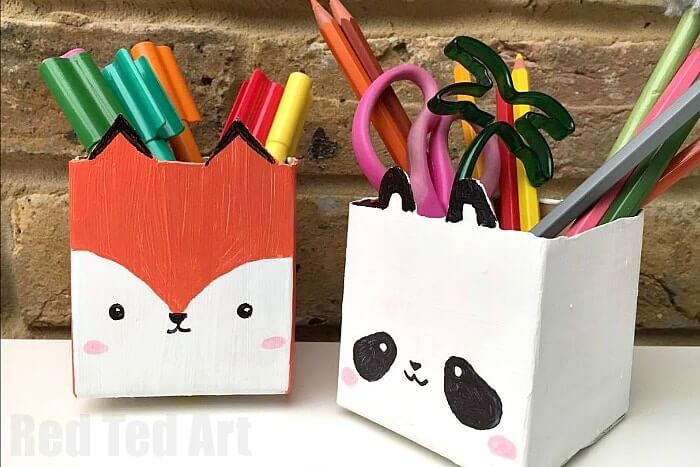 Cute Animal Themed Milk Carton Pencil Pot Craft IdeaMilk Carton Pencil Holder Crafts 