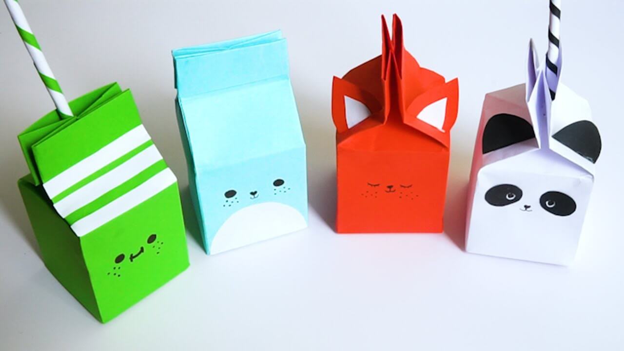 Cute Animal Themed Origami Paper Milk Box Craft Idea