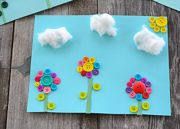 Cute Button Flower Card With Cotton Balls On Paper Button Craft on paper