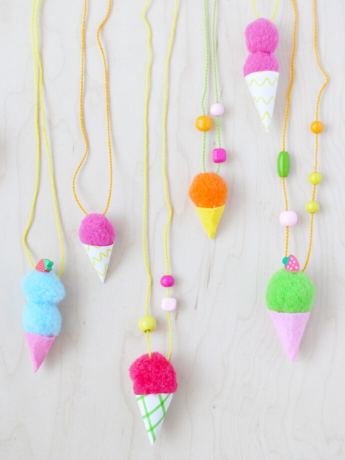 Cute Ice Cream Necklace Craft Made With Pom Pom,Mini Beads & Paper