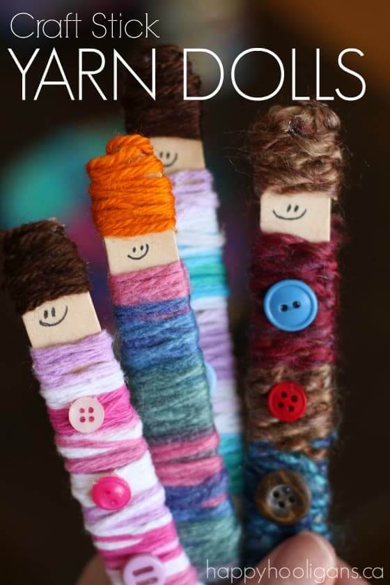 Cute Yarn Dolls Craft Made With Popsicle Sticks & Buttons