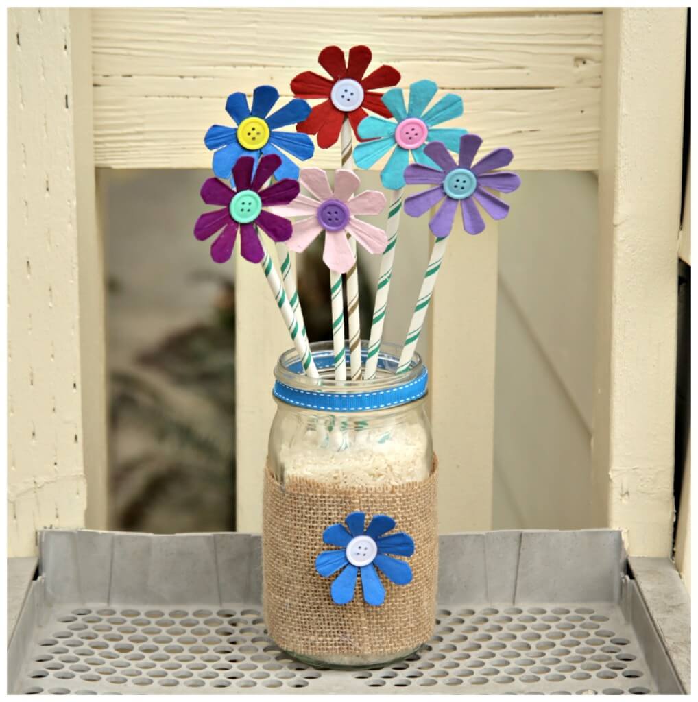  DIY Egg Carton Flower Button Craft Using Recycled Jar & Straws