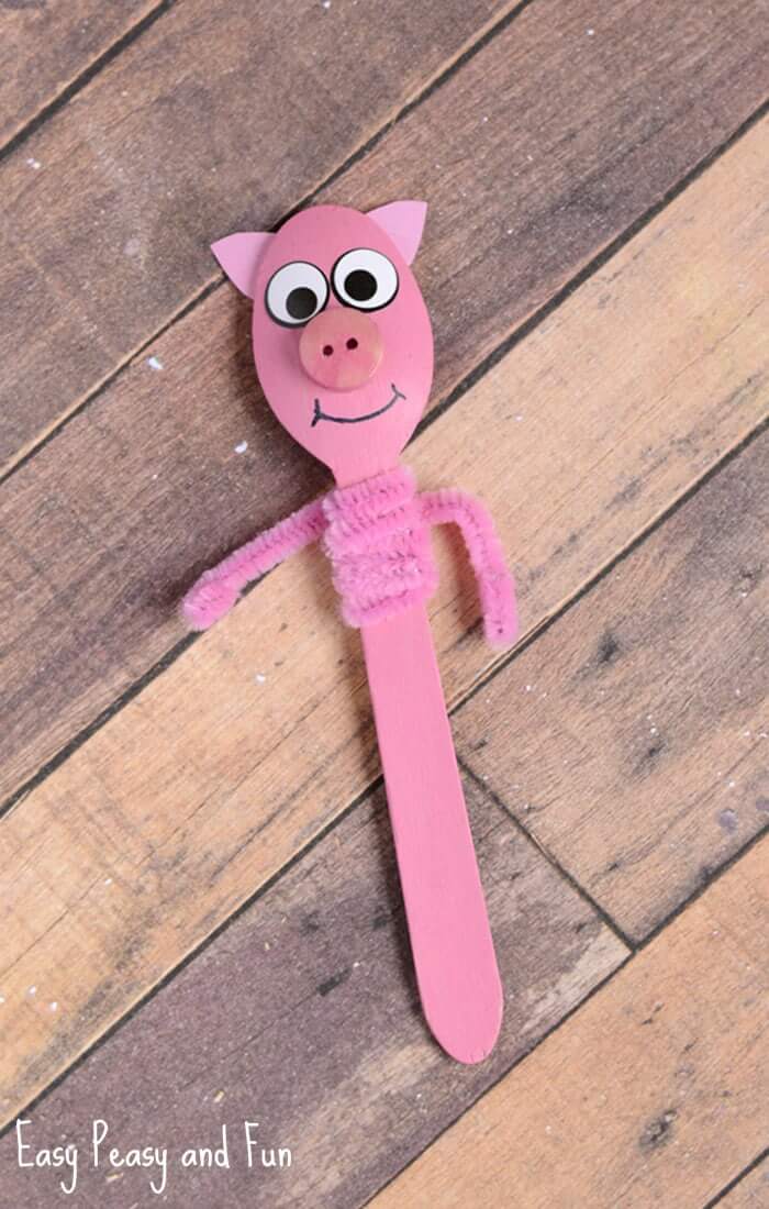 DIY Wooden Spoon Pig Puppet Craft Idea For Kids Farm Crafts For Kids