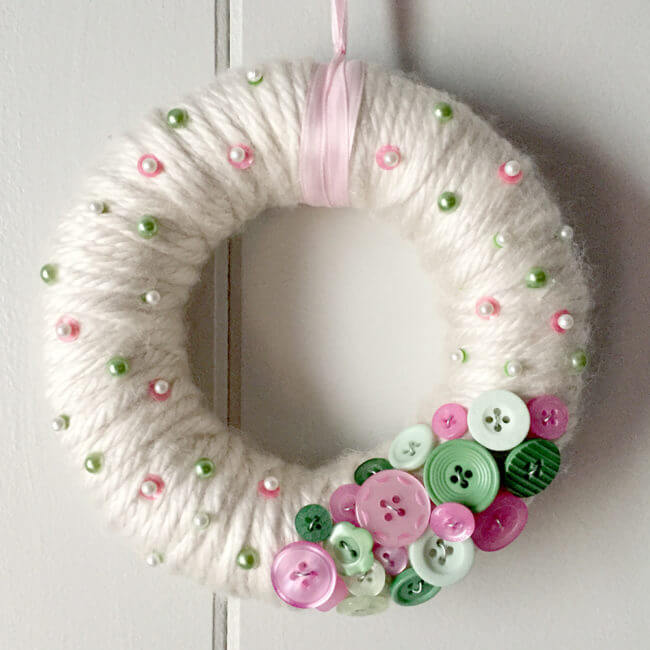 DIY Yarn Wrapped Wreath Decoration Craft Using  Buttons